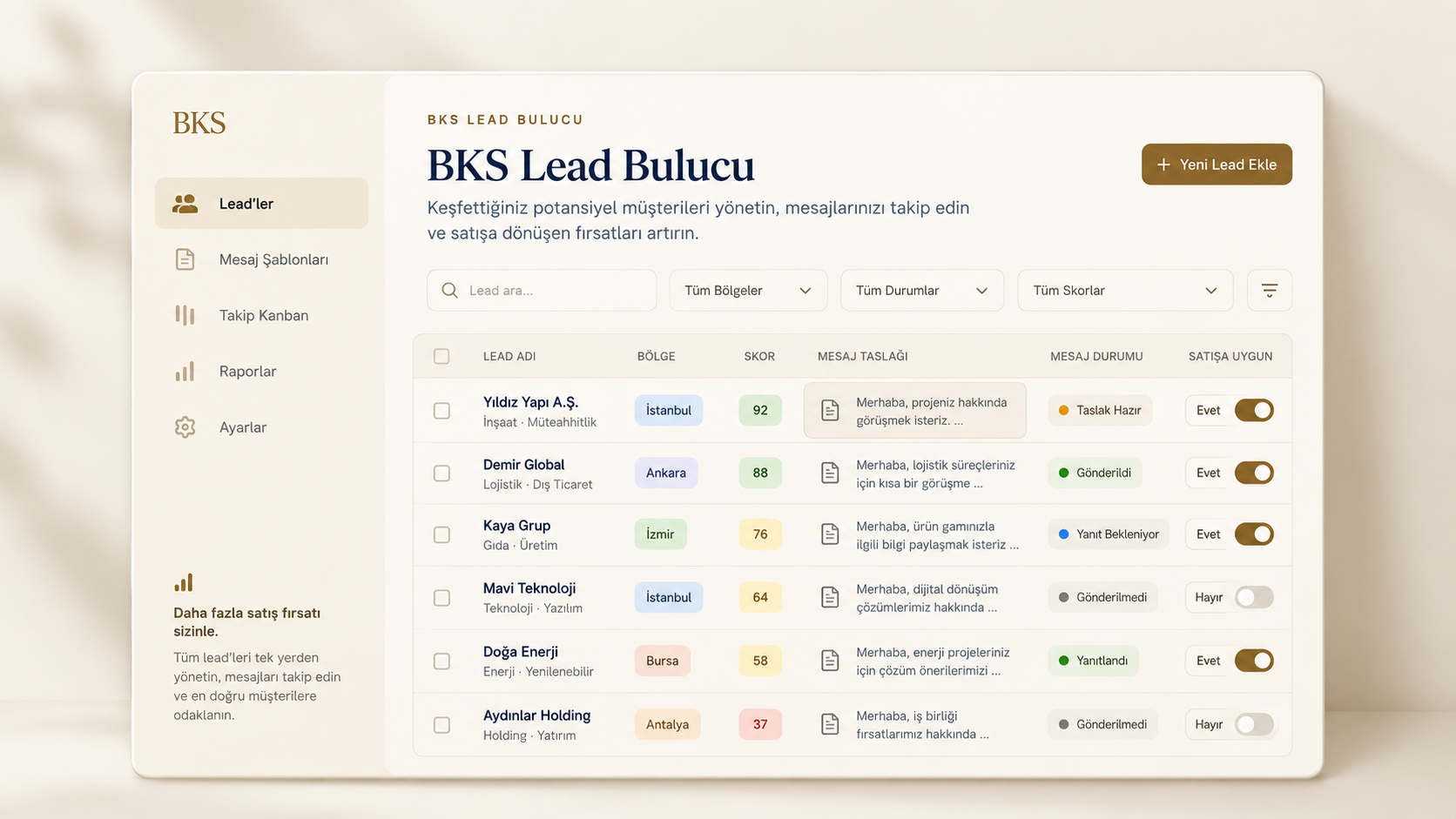 BKS Lead Bulucu CRM görünümü